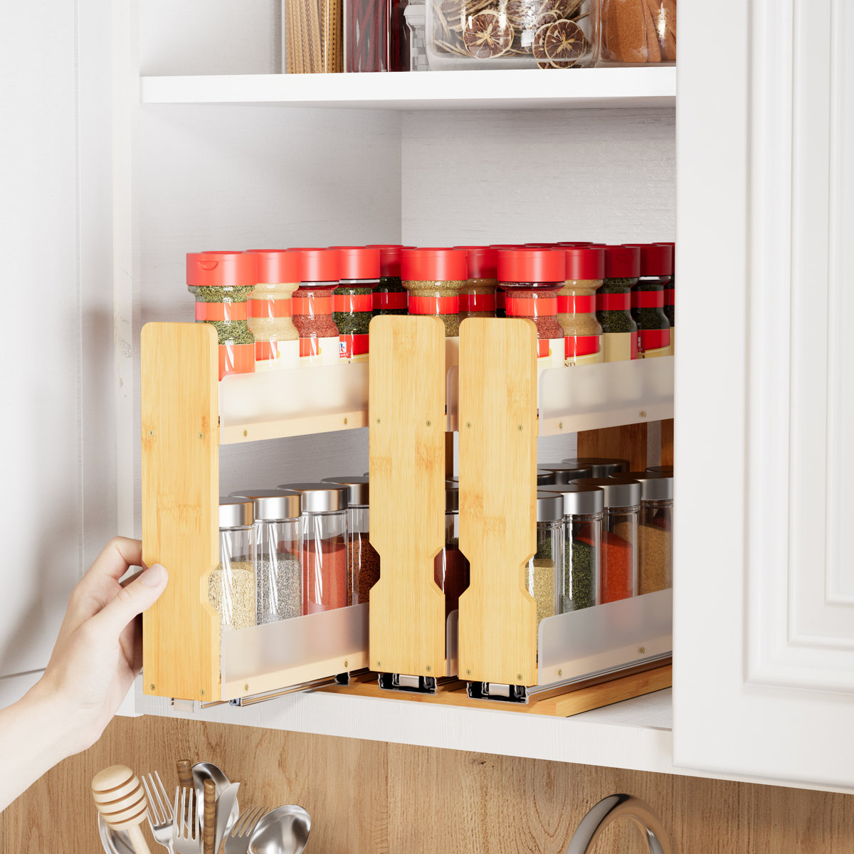 Bamboo Pull-out Spice Rack Organizer — Heavy Duty Sliding Cabinet Pantry — 7.6" W, 2-tier, 3 Drawers (2" Wide), Natural